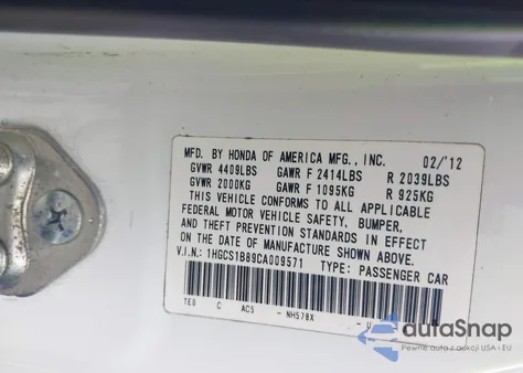 2012 Honda Accord 2.4 Ex-L from USA, damaged, VIN 1HGCS1B89CA009571